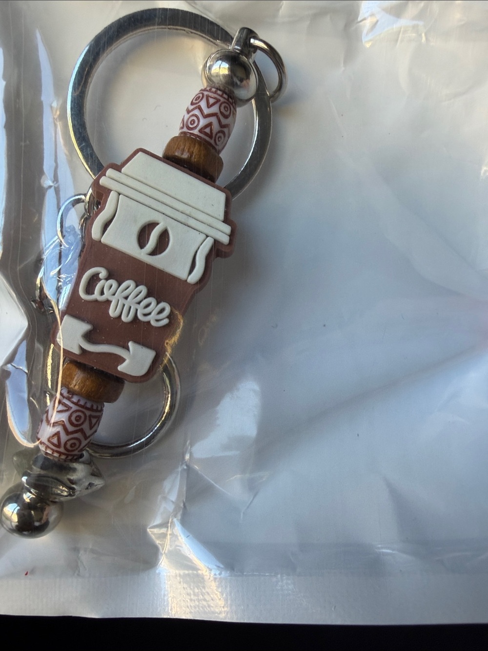 Coffee Cup Keychain with Bead Accent - Brown